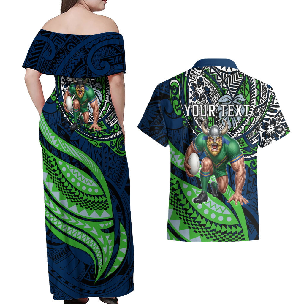 Personalised Canberra Raiders Couples Matching Off Shoulder Maxi Dress and Hawaiian Shirt Polynesian Tribal Art Style With Viking Raider Mascot