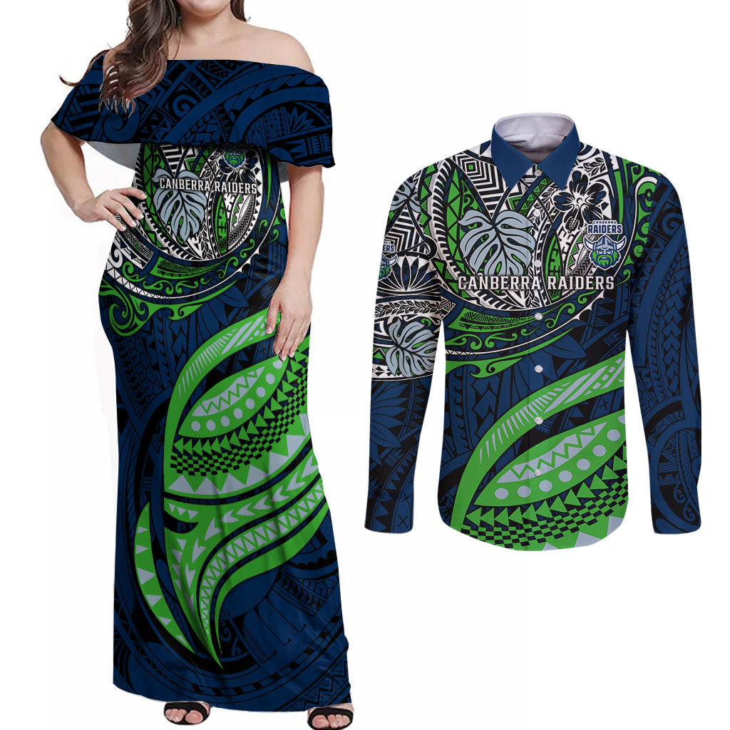 Personalised Canberra Raiders Couples Matching Off Shoulder Maxi Dress and Long Sleeve Button Shirt Polynesian Tribal Art Style With Viking Raider Mascot
