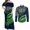 Personalised Canberra Raiders Couples Matching Off Shoulder Maxi Dress and Long Sleeve Button Shirt Polynesian Tribal Art Style With Viking Raider Mascot