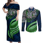 Personalised Canberra Raiders Couples Matching Off Shoulder Maxi Dress and Long Sleeve Button Shirt Polynesian Tribal Art Style With Viking Raider Mascot