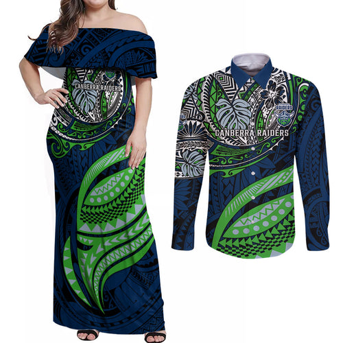 Personalised Canberra Raiders Couples Matching Off Shoulder Maxi Dress and Long Sleeve Button Shirt Polynesian Tribal Art Style With Viking Raider Mascot