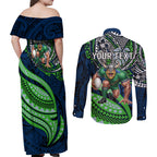 Personalised Canberra Raiders Couples Matching Off Shoulder Maxi Dress and Long Sleeve Button Shirt Polynesian Tribal Art Style With Viking Raider Mascot
