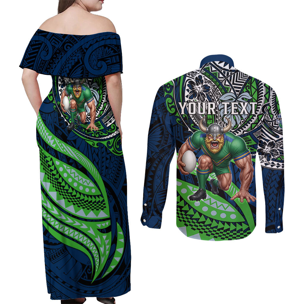 Personalised Canberra Raiders Couples Matching Off Shoulder Maxi Dress and Long Sleeve Button Shirt Polynesian Tribal Art Style With Viking Raider Mascot