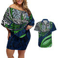Personalised Canberra Raiders Couples Matching Off Shoulder Short Dress and Hawaiian Shirt Polynesian Tribal Art Style With Viking Raider Mascot