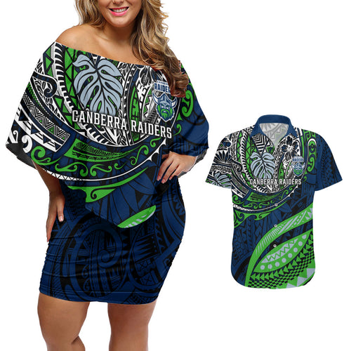 Personalised Canberra Raiders Couples Matching Off Shoulder Short Dress and Hawaiian Shirt Polynesian Tribal Art Style With Viking Raider Mascot