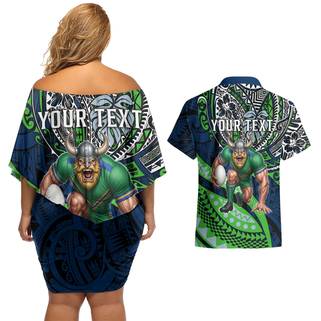 Personalised Canberra Raiders Couples Matching Off Shoulder Short Dress and Hawaiian Shirt Polynesian Tribal Art Style With Viking Raider Mascot