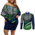 Personalised Canberra Raiders Couples Matching Off Shoulder Short Dress and Long Sleeve Button Shirt Polynesian Tribal Art Style With Viking Raider Mascot