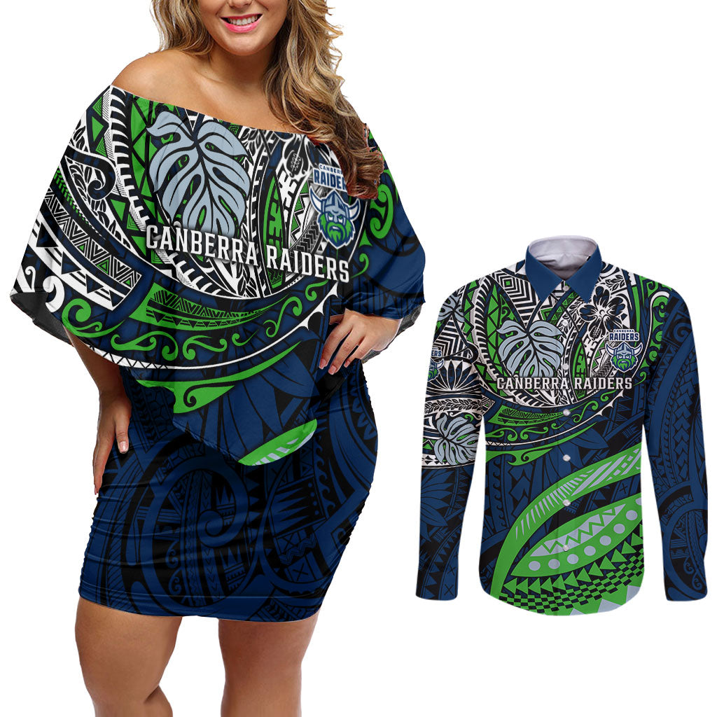 Personalised Canberra Raiders Couples Matching Off Shoulder Short Dress and Long Sleeve Button Shirt Polynesian Tribal Art Style With Viking Raider Mascot