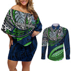 Personalised Canberra Raiders Couples Matching Off Shoulder Short Dress and Long Sleeve Button Shirt Polynesian Tribal Art Style With Viking Raider Mascot