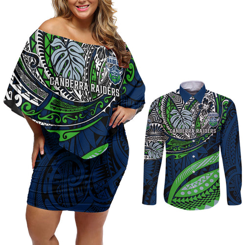 Personalised Canberra Raiders Couples Matching Off Shoulder Short Dress and Long Sleeve Button Shirt Polynesian Tribal Art Style With Viking Raider Mascot