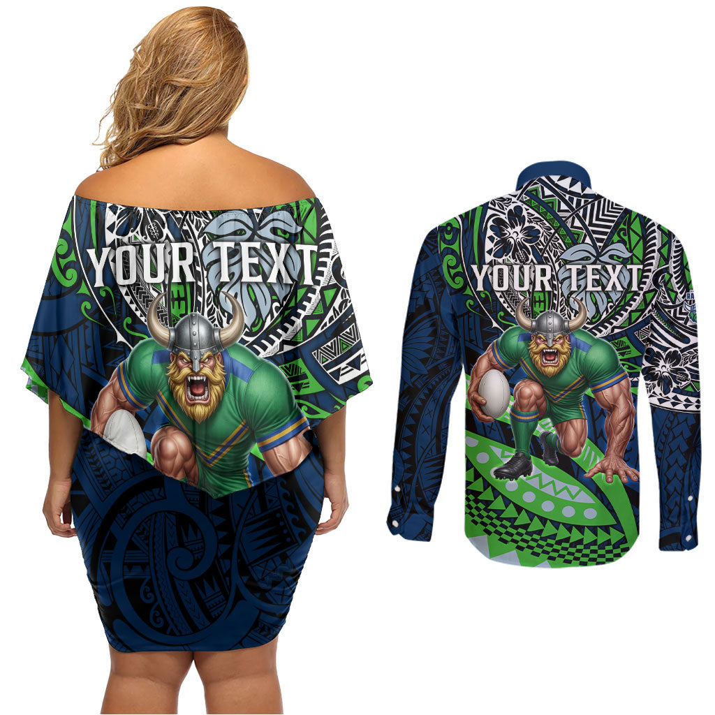 Personalised Canberra Raiders Couples Matching Off Shoulder Short Dress and Long Sleeve Button Shirt Polynesian Tribal Art Style With Viking Raider Mascot