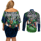 Personalised Canberra Raiders Couples Matching Off Shoulder Short Dress and Long Sleeve Button Shirt Polynesian Tribal Art Style With Viking Raider Mascot