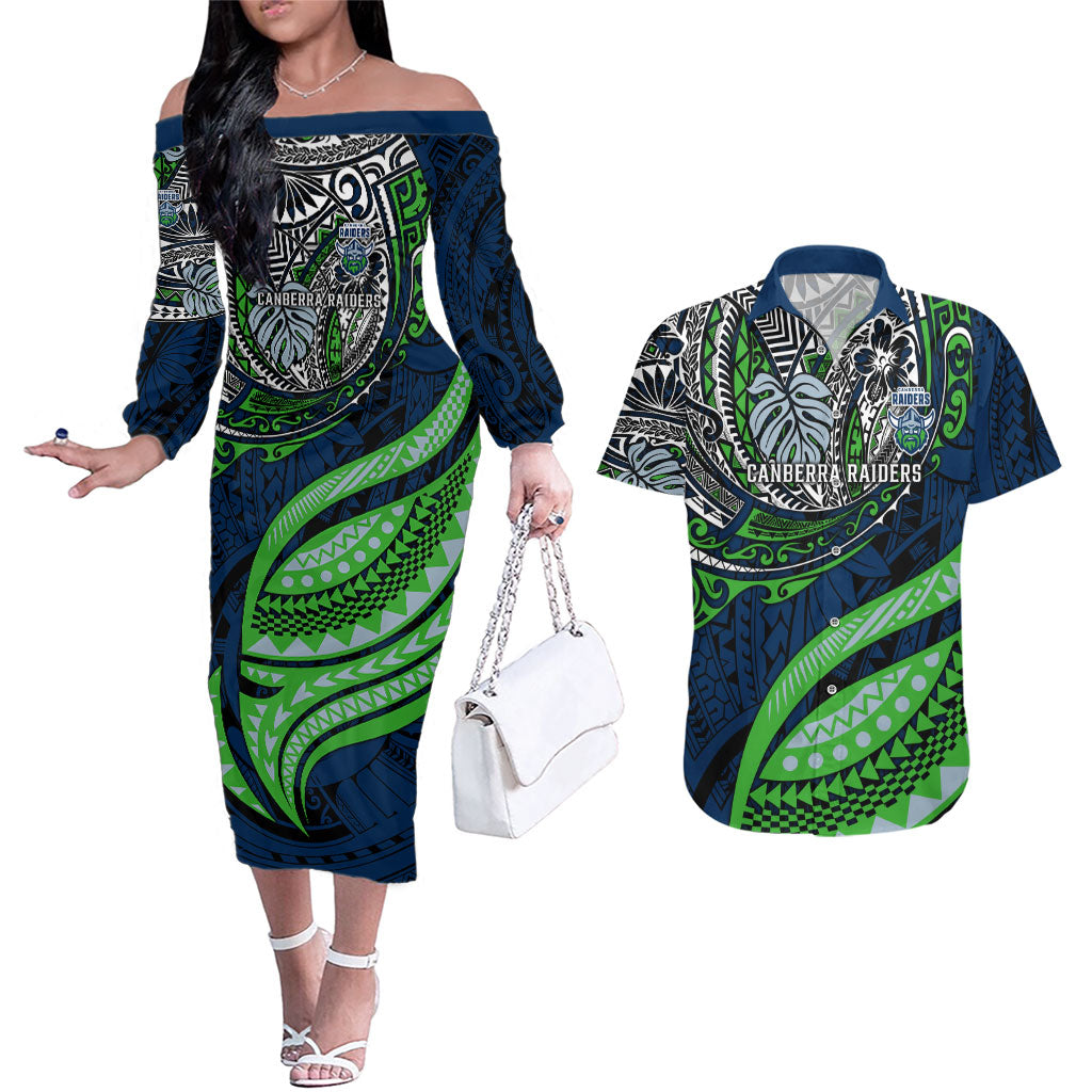 Personalised Canberra Raiders Couples Matching Off The Shoulder Long Sleeve Dress and Hawaiian Shirt Polynesian Tribal Art Style With Viking Raider Mascot