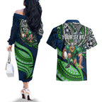 Personalised Canberra Raiders Couples Matching Off The Shoulder Long Sleeve Dress and Hawaiian Shirt Polynesian Tribal Art Style With Viking Raider Mascot