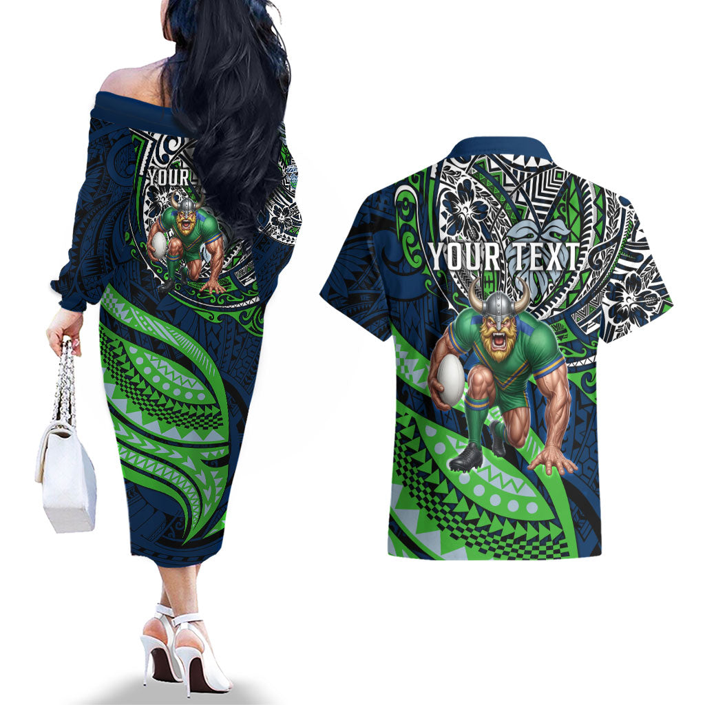 Personalised Canberra Raiders Couples Matching Off The Shoulder Long Sleeve Dress and Hawaiian Shirt Polynesian Tribal Art Style With Viking Raider Mascot