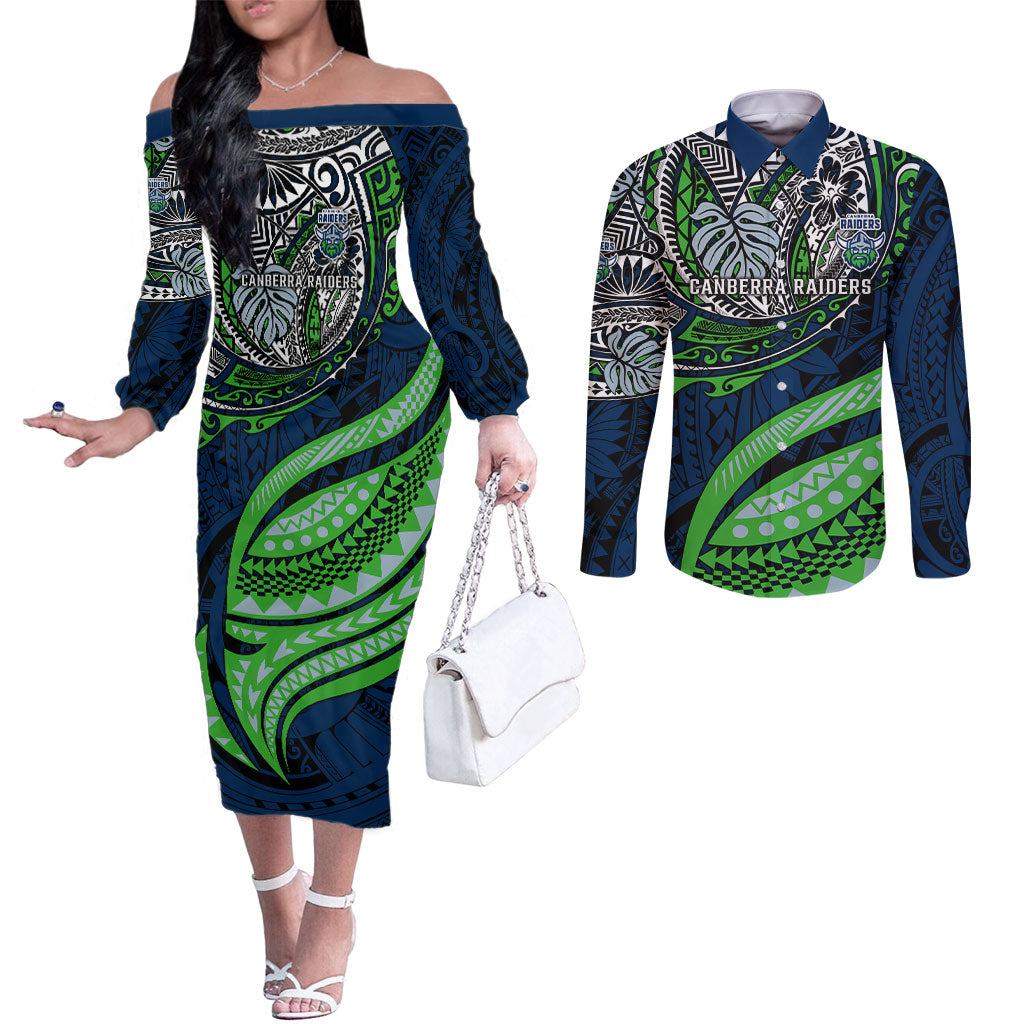 Personalised Canberra Raiders Couples Matching Off The Shoulder Long Sleeve Dress and Long Sleeve Button Shirt Polynesian Tribal Art Style With Viking Raider Mascot