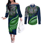 Personalised Canberra Raiders Couples Matching Off The Shoulder Long Sleeve Dress and Long Sleeve Button Shirt Polynesian Tribal Art Style With Viking Raider Mascot
