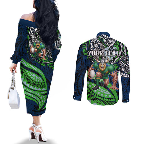 Personalised Canberra Raiders Couples Matching Off The Shoulder Long Sleeve Dress and Long Sleeve Button Shirt Polynesian Tribal Art Style With Viking Raider Mascot
