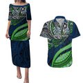 Personalised Canberra Raiders Couples Matching Puletasi and Hawaiian Shirt Polynesian Tribal Art Style With Viking Raider Mascot