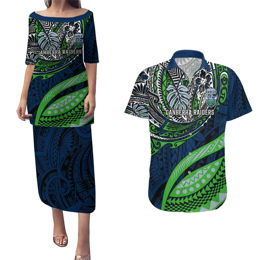 Personalised Canberra Raiders Couples Matching Puletasi and Hawaiian Shirt Polynesian Tribal Art Style With Viking Raider Mascot