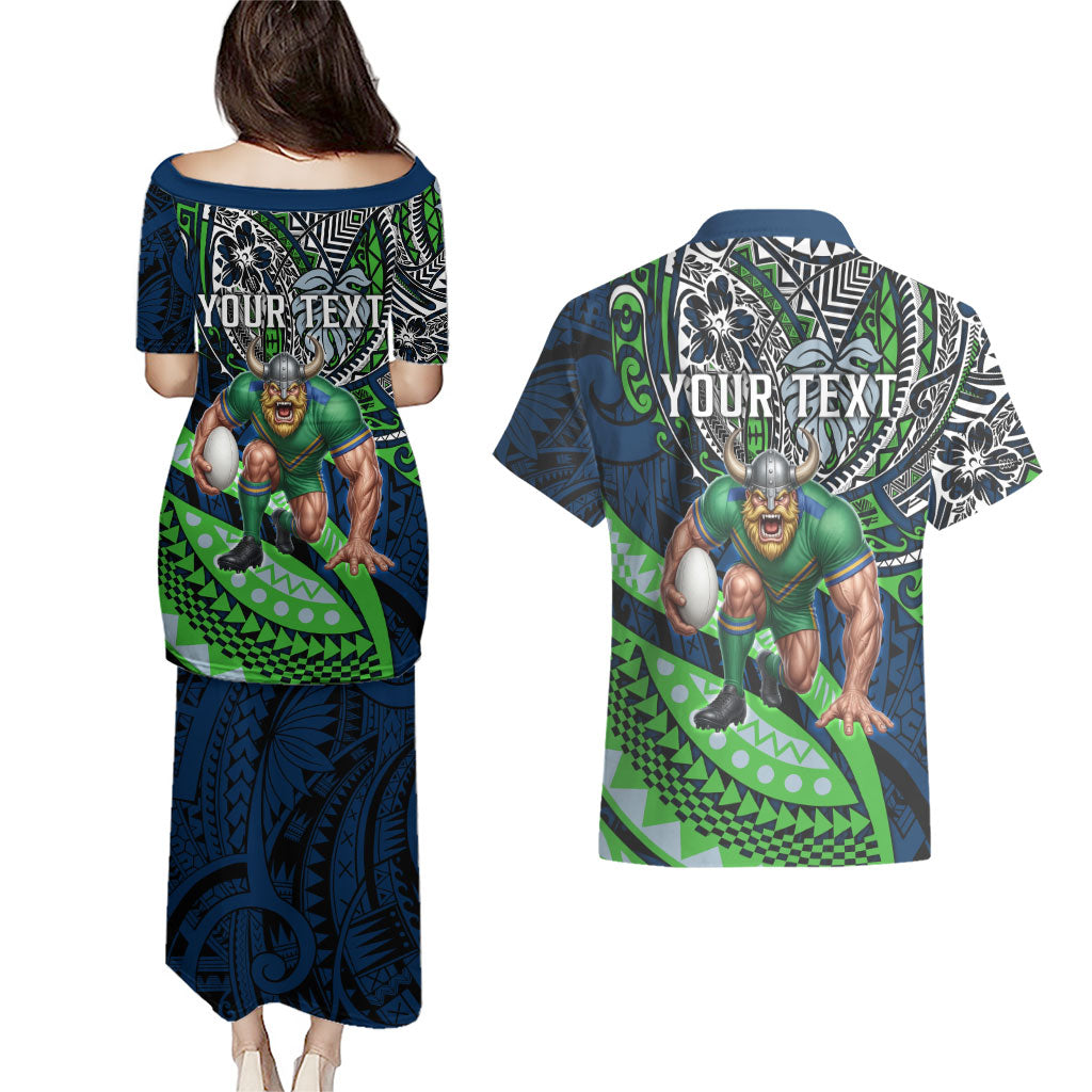 Personalised Canberra Raiders Couples Matching Puletasi and Hawaiian Shirt Polynesian Tribal Art Style With Viking Raider Mascot