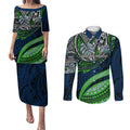 Personalised Canberra Raiders Couples Matching Puletasi and Long Sleeve Button Shirt Polynesian Tribal Art Style With Viking Raider Mascot