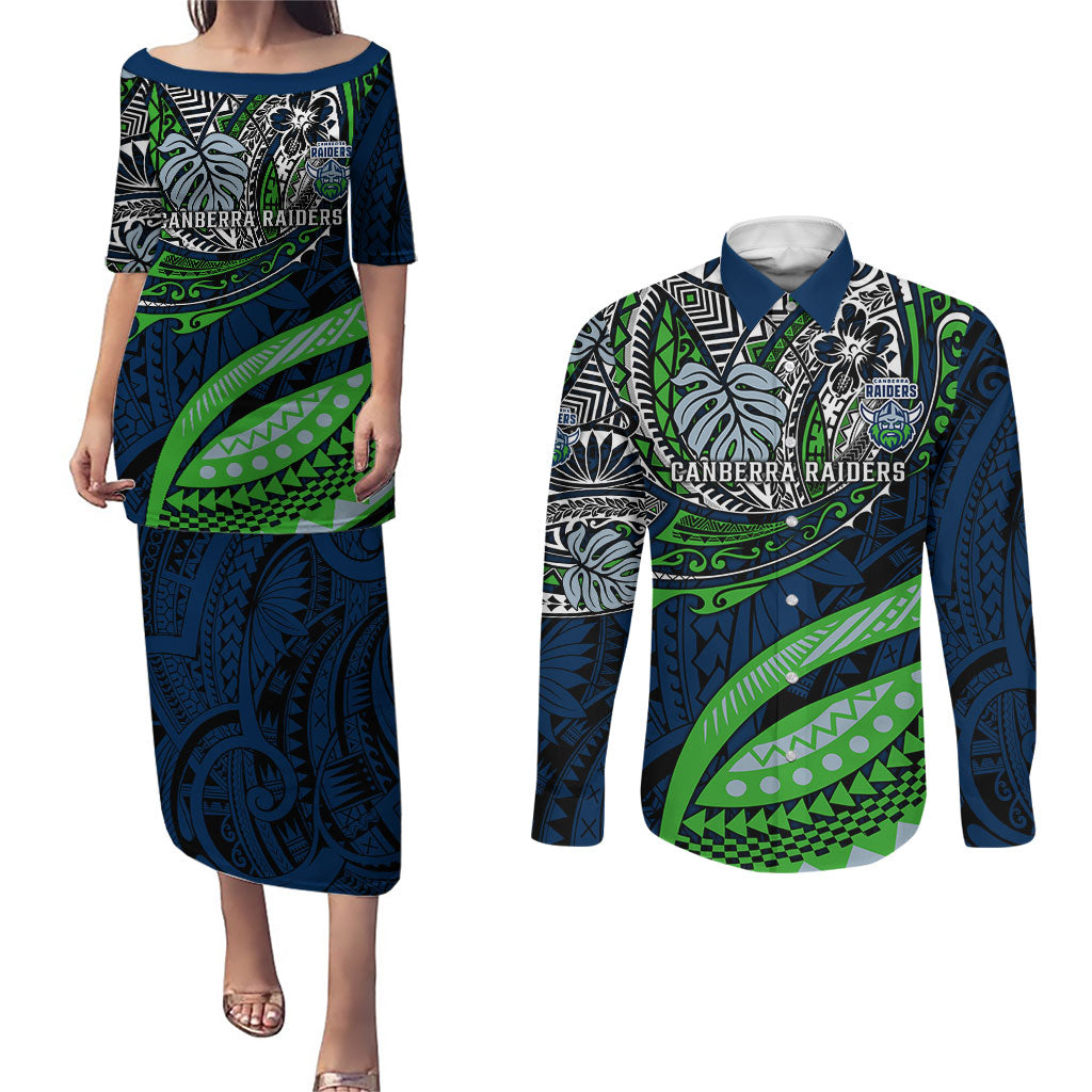 Personalised Canberra Raiders Couples Matching Puletasi and Long Sleeve Button Shirt Polynesian Tribal Art Style With Viking Raider Mascot