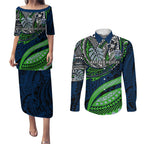 Personalised Canberra Raiders Couples Matching Puletasi and Long Sleeve Button Shirt Polynesian Tribal Art Style With Viking Raider Mascot