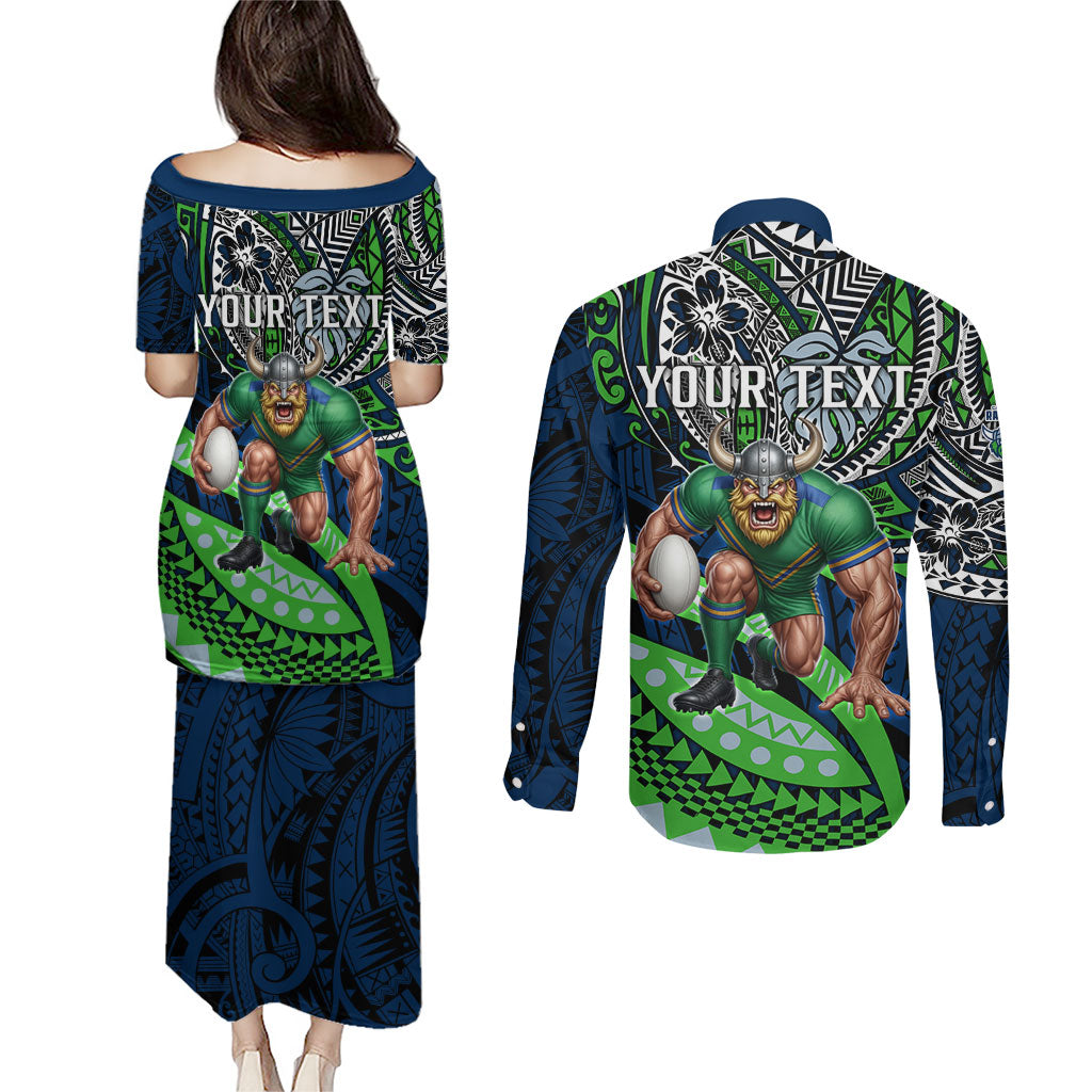 Personalised Canberra Raiders Couples Matching Puletasi and Long Sleeve Button Shirt Polynesian Tribal Art Style With Viking Raider Mascot