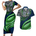 Personalised Canberra Raiders Couples Matching Short Sleeve Bodycon Dress and Hawaiian Shirt Polynesian Tribal Art Style With Viking Raider Mascot