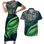 Personalised Canberra Raiders Couples Matching Short Sleeve Bodycon Dress and Hawaiian Shirt Polynesian Tribal Art Style With Viking Raider Mascot