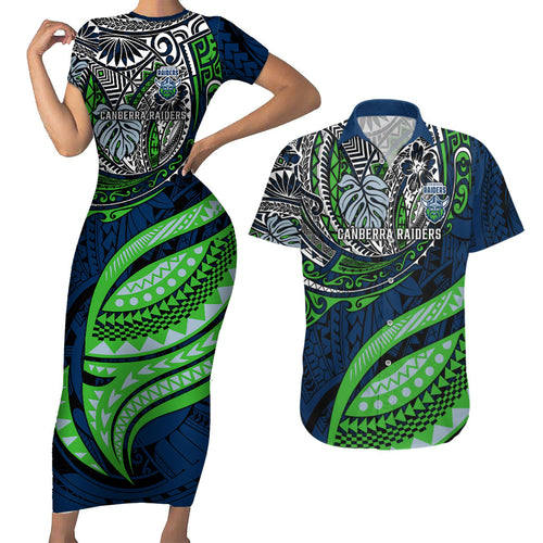 Personalised Canberra Raiders Couples Matching Short Sleeve Bodycon Dress and Hawaiian Shirt Polynesian Tribal Art Style With Viking Raider Mascot