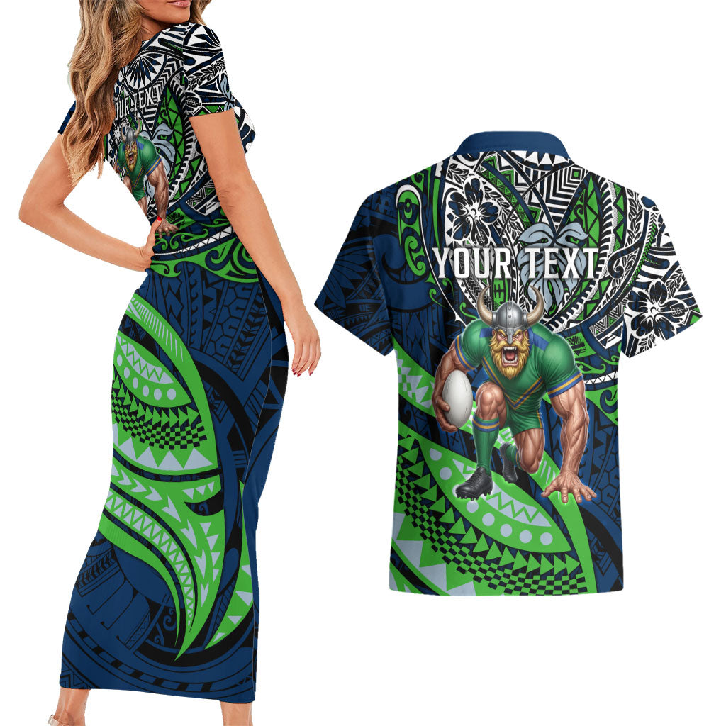 Personalised Canberra Raiders Couples Matching Short Sleeve Bodycon Dress and Hawaiian Shirt Polynesian Tribal Art Style With Viking Raider Mascot