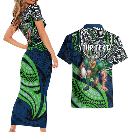 Personalised Canberra Raiders Couples Matching Short Sleeve Bodycon Dress and Hawaiian Shirt Polynesian Tribal Art Style With Viking Raider Mascot