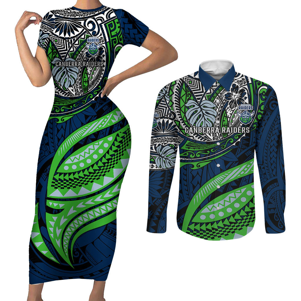Personalised Canberra Raiders Couples Matching Short Sleeve Bodycon Dress and Long Sleeve Button Shirt Polynesian Tribal Art Style With Viking Raider Mascot