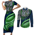 Personalised Canberra Raiders Couples Matching Short Sleeve Bodycon Dress and Long Sleeve Button Shirt Polynesian Tribal Art Style With Viking Raider Mascot
