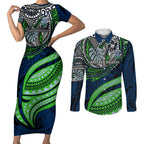 Personalised Canberra Raiders Couples Matching Short Sleeve Bodycon Dress and Long Sleeve Button Shirt Polynesian Tribal Art Style With Viking Raider Mascot