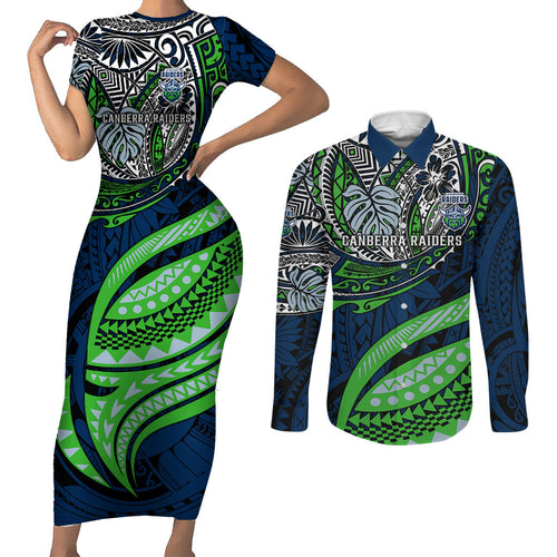 Personalised Canberra Raiders Couples Matching Short Sleeve Bodycon Dress and Long Sleeve Button Shirt Polynesian Tribal Art Style With Viking Raider Mascot