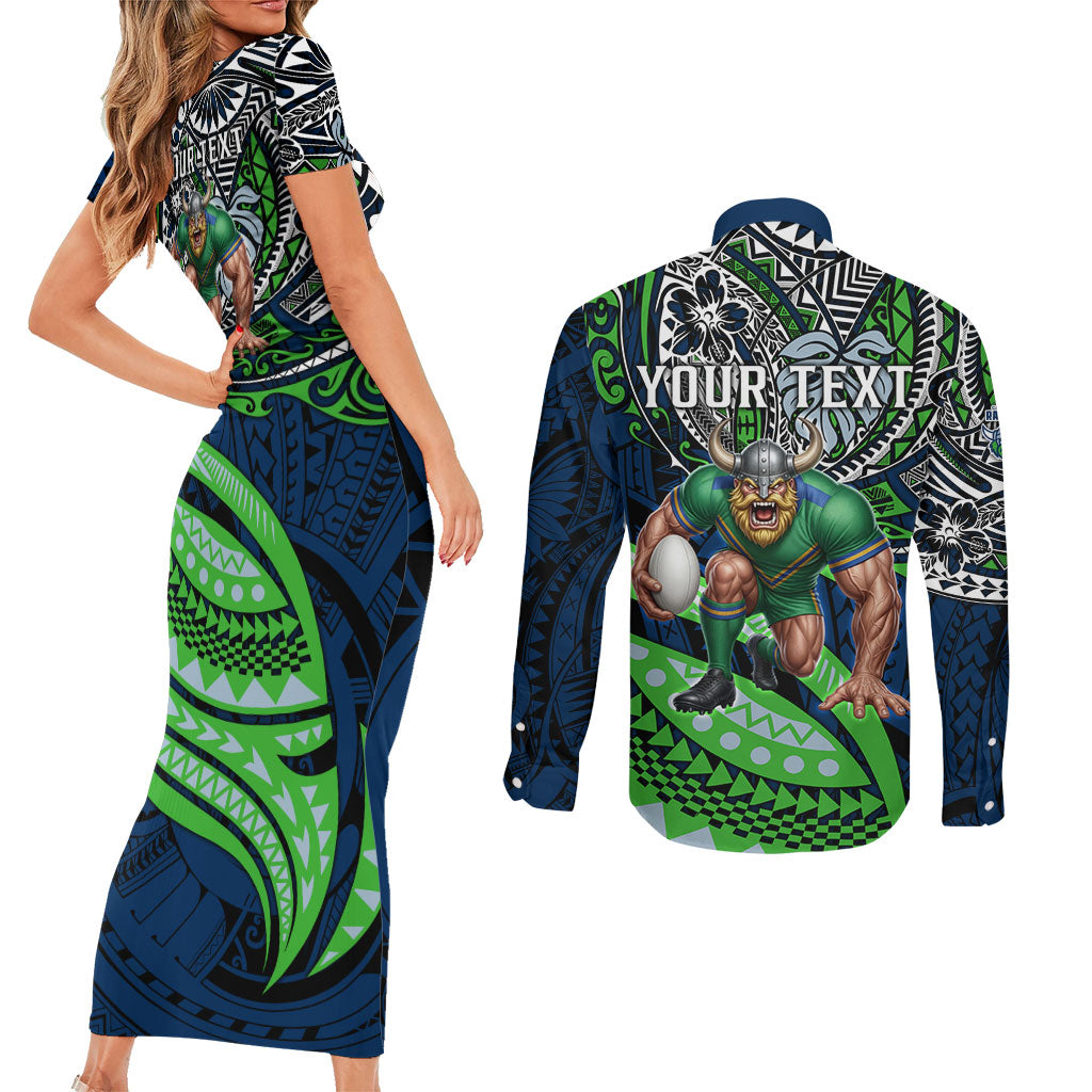 Personalised Canberra Raiders Couples Matching Short Sleeve Bodycon Dress and Long Sleeve Button Shirt Polynesian Tribal Art Style With Viking Raider Mascot