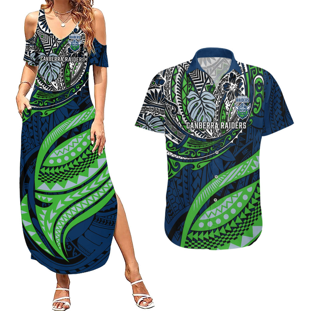 Personalised Canberra Raiders Couples Matching Summer Maxi Dress and Hawaiian Shirt Polynesian Tribal Art Style With Viking Raider Mascot