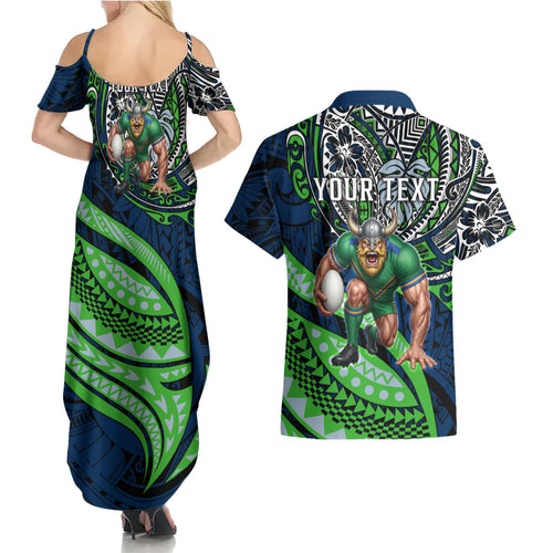 Personalised Canberra Raiders Couples Matching Summer Maxi Dress and Hawaiian Shirt Polynesian Tribal Art Style With Viking Raider Mascot