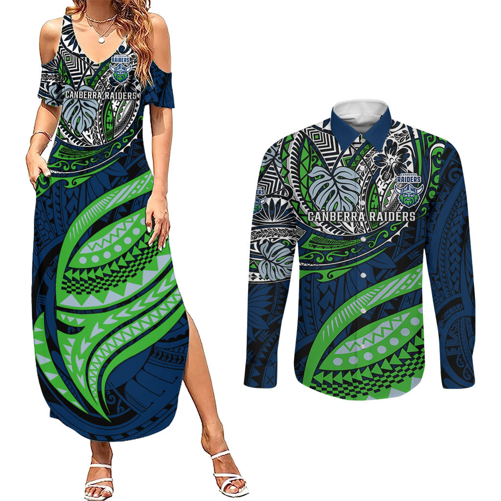 Personalised Canberra Raiders Couples Matching Summer Maxi Dress and Long Sleeve Button Shirt Polynesian Tribal Art Style With Viking Raider Mascot