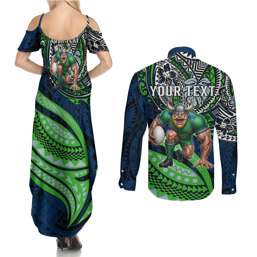 Personalised Canberra Raiders Couples Matching Summer Maxi Dress and Long Sleeve Button Shirt Polynesian Tribal Art Style With Viking Raider Mascot