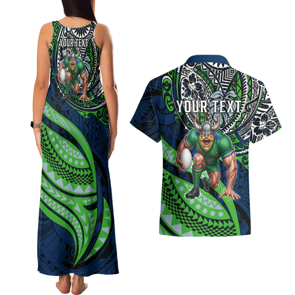 Personalised Canberra Raiders Couples Matching Tank Maxi Dress and Hawaiian Shirt Polynesian Tribal Art Style With Viking Raider Mascot