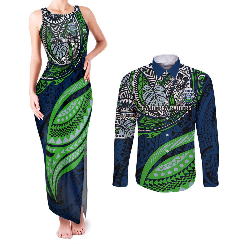 Personalised Canberra Raiders Couples Matching Tank Maxi Dress and Long Sleeve Button Shirt Polynesian Tribal Art Style With Viking Raider Mascot