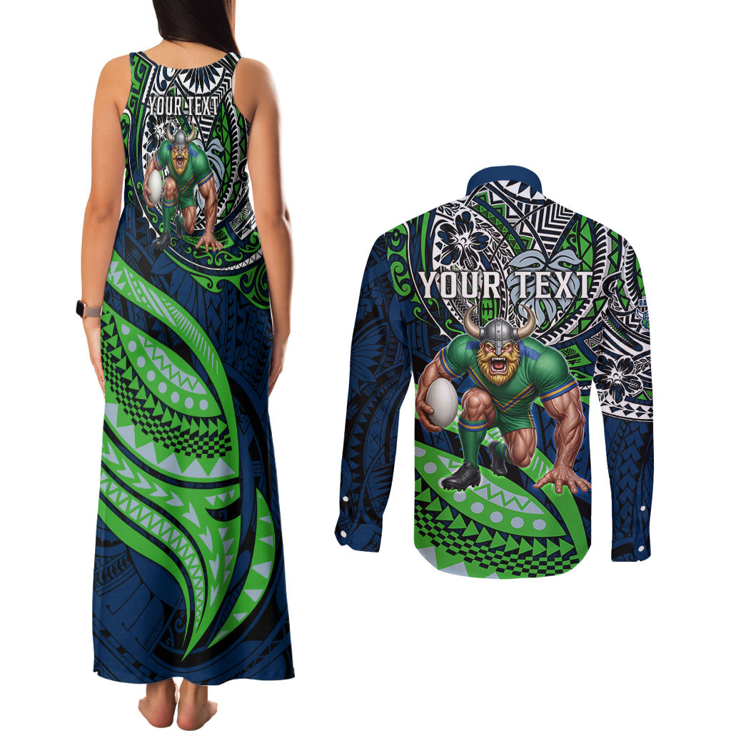 Personalised Canberra Raiders Couples Matching Tank Maxi Dress and Long Sleeve Button Shirt Polynesian Tribal Art Style With Viking Raider Mascot