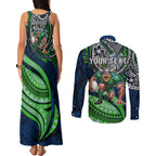 Personalised Canberra Raiders Couples Matching Tank Maxi Dress and Long Sleeve Button Shirt Polynesian Tribal Art Style With Viking Raider Mascot