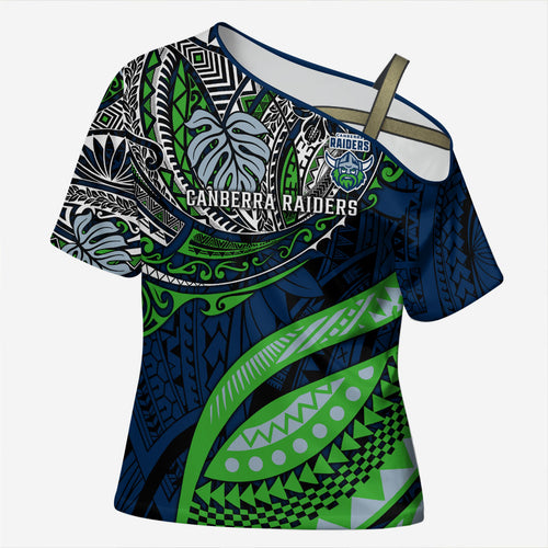 Personalised Canberra Raiders Cross Shoulder Shirt Polynesian Tribal Art Style With Viking Raider Mascot