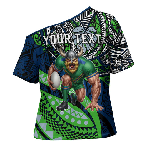 Personalised Canberra Raiders Cross Shoulder Shirt Polynesian Tribal Art Style With Viking Raider Mascot