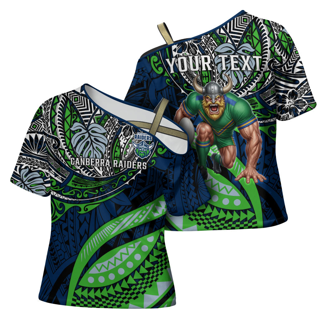 Personalised Canberra Raiders Cross Shoulder Shirt Polynesian Tribal Art Style With Viking Raider Mascot
